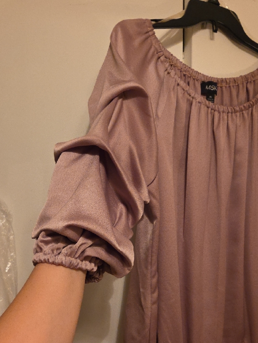 MSK Mauve Satin Peasant Blouse with Side Tie - Picture 6 of 7